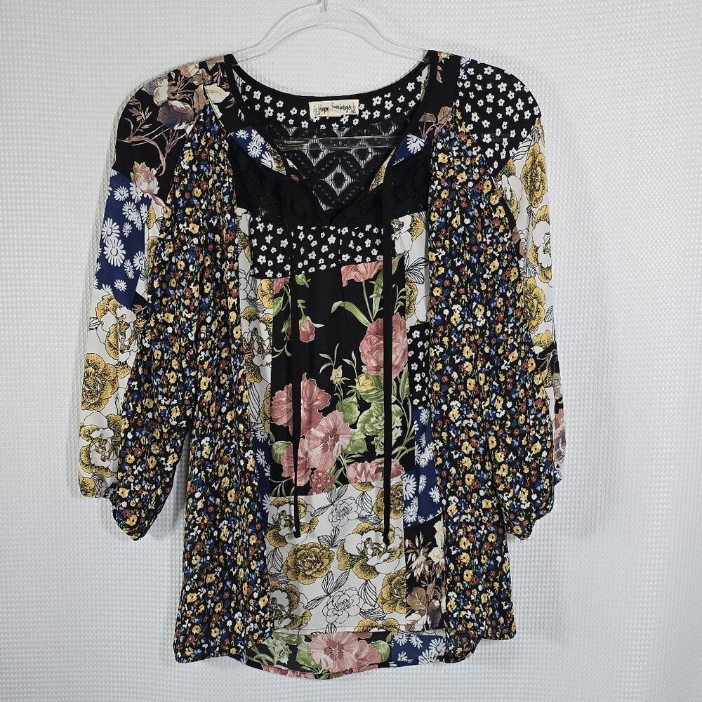 Hope Springs Blouse Small Patchwork Floral Boho Peasant Top Lace Detail Cottage